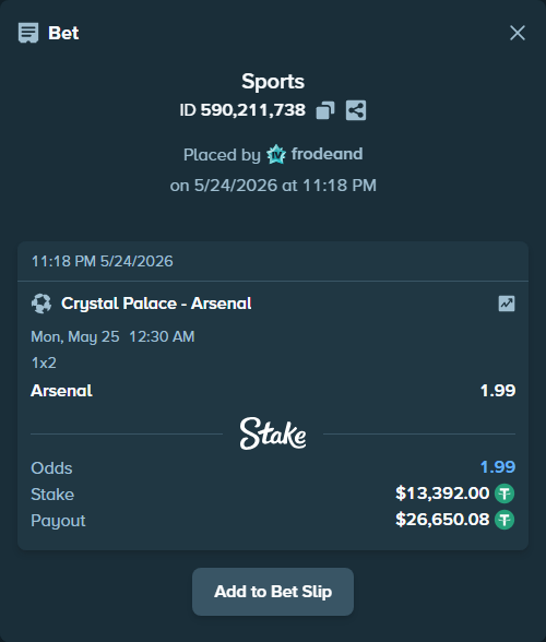 Bet slip: Crystal Palace - Arsenal, $13,392.00 stake at 1.99 odds, placed by frodeand