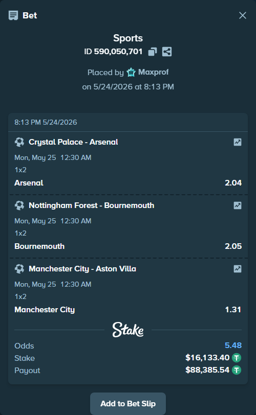 Bet slip: Crystal Palace - Arsenal, $16,133.40 stake at 2.04 odds, placed by Maxprof