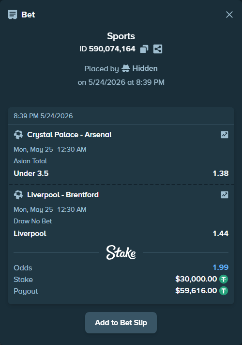 Bet slip: Crystal Palace - Arsenal, $30,000.00 stake at 1.38 odds, placed by Hidden