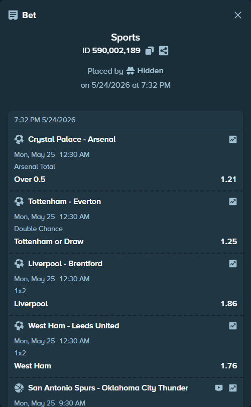 Bet slip: Crystal Palace - Arsenal, $33,999.00 stake at 1.21 odds, placed by Hidden