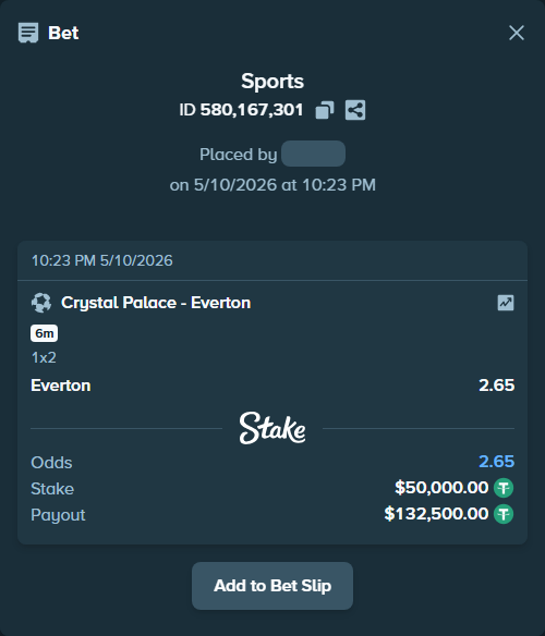 Bet slip: Crystal Palace - Everton, $50,000.00 stake at 2.65 odds, placed by kabic555