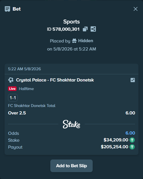 Bet slip: Crystal Palace - FC Shakhtar Donetsk, $34,209.00 stake at 6.00 odds, placed by Hidden