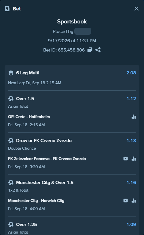 Bet slip: Crystal Palace - Lech Poznan, $12,000.00 stake at 1.09 odds, placed by LATERAL007