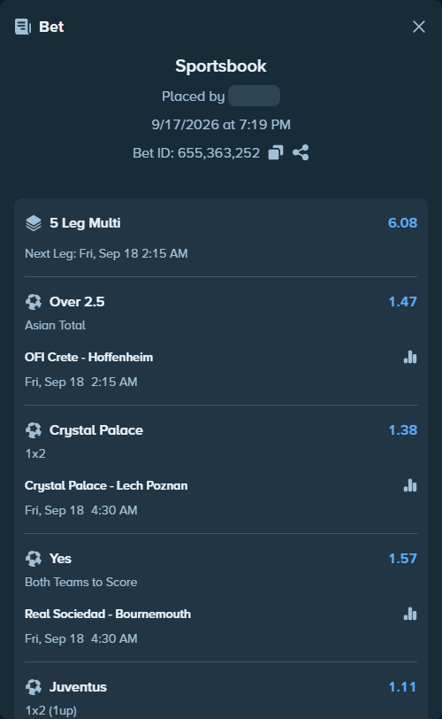 Bet slip: Crystal Palace - Lech Poznan, $12,182.17 stake at 1.38 odds, placed by MrDivinity