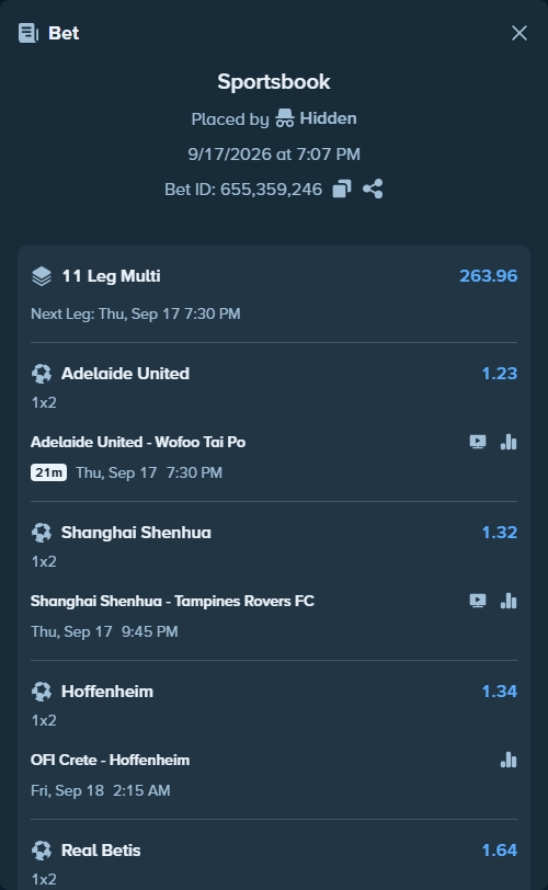Bet slip: Crystal Palace - Lech Poznan, $15,000.00 stake at 1.38 odds, placed by Hidden