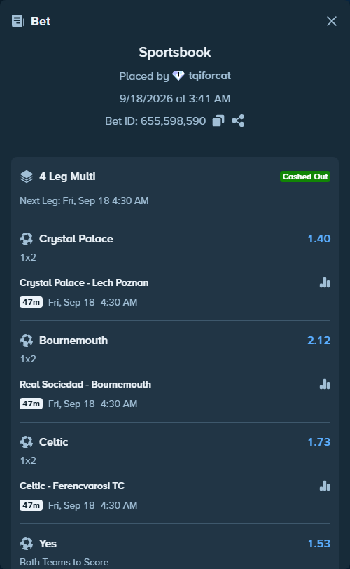 Bet slip: Crystal Palace - Lech Poznan, $17,233.01 stake at 1.40 odds, placed by tqiforcat