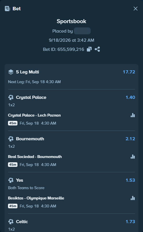 Bet slip: Crystal Palace - Lech Poznan, $17,233.01 stake at 1.40 odds, placed by tqiforcat