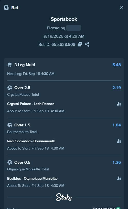 Bet slip: Crystal Palace - Lech Poznan, $20,000.00 stake at 2.19 odds, placed by roha1292