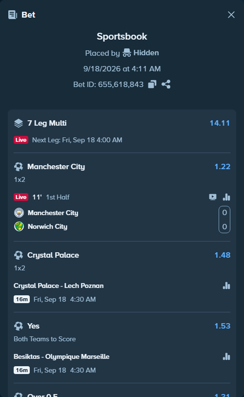 Bet slip: Crystal Palace - Lech Poznan, $37,290.88 stake at 1.48 odds, placed by Hidden
