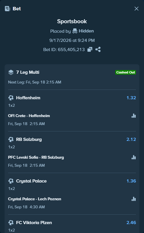Bet slip: Crystal Palace - Lech Poznan, $38,240.29 stake at 1.36 odds, placed by Hidden