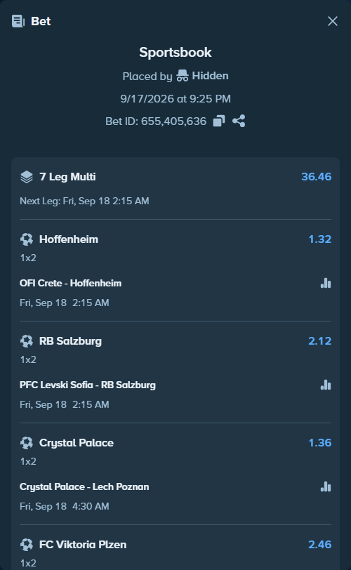 Bet slip: Crystal Palace - Lech Poznan, $38,240.29 stake at 1.36 odds, placed by Hidden
