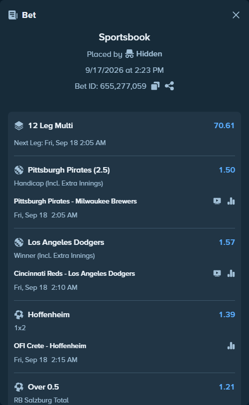 Bet slip: Crystal Palace - Lech Poznan, $66,906.68 stake at 1.39 odds, placed by Hidden