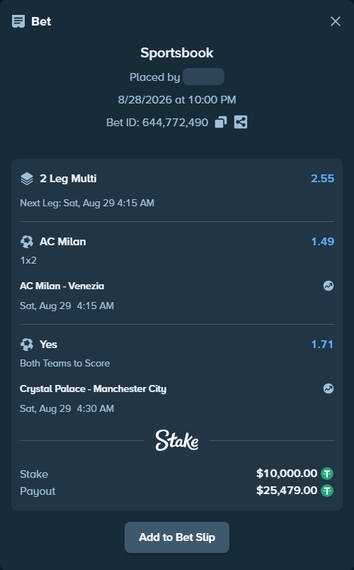 Bet slip: Crystal Palace - Manchester City, $10,000.00 stake at 1.71 odds, placed by 4papa