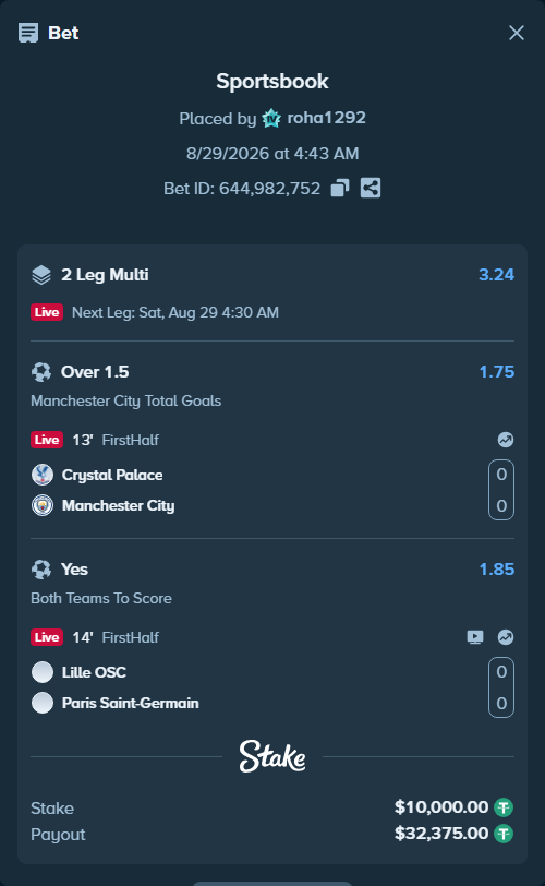 Bet slip: Crystal Palace - Manchester City, $10,000.00 stake at 1.75 odds, placed by roha1292