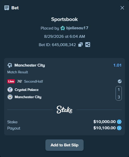 Bet slip: Crystal Palace - Manchester City, $10,000.00 stake at 1.01 odds, placed by bjellesau17