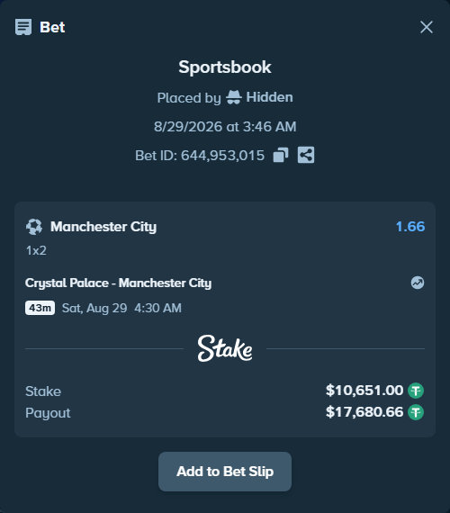 Bet slip: Crystal Palace - Manchester City, $10,651.00 stake at 1.66 odds, placed by Hidden