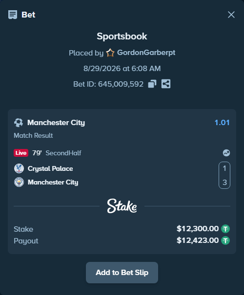 Bet slip: Crystal Palace - Manchester City, $12,300.00 stake at 1.01 odds, placed by GordonGarberpt