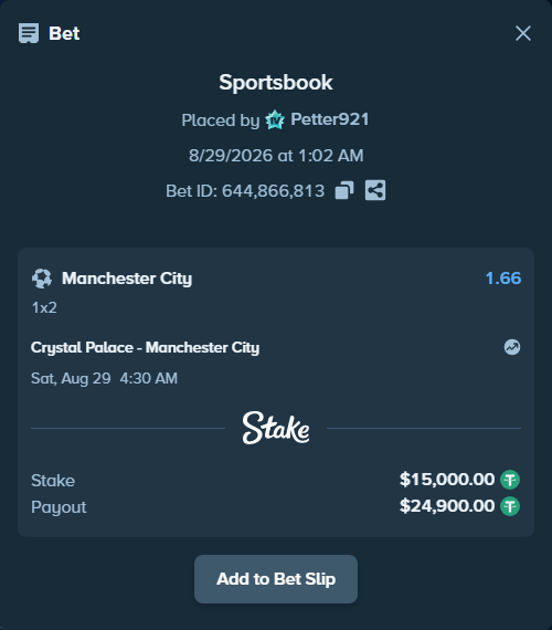Bet slip: Crystal Palace - Manchester City, $14,998.50 stake at 1.66 odds, placed by Petter921
