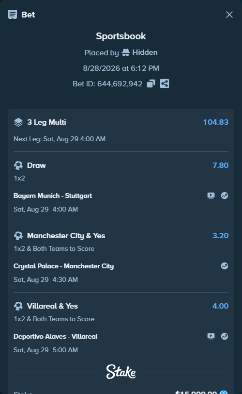 Bet slip: Crystal Palace - Manchester City, $15,000.00 stake at 3.20 odds, placed by Hidden