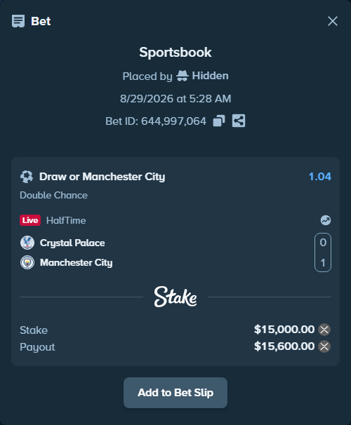 Bet slip: Crystal Palace - Manchester City, $15,040.62 stake at 1.04 odds, placed by Hidden