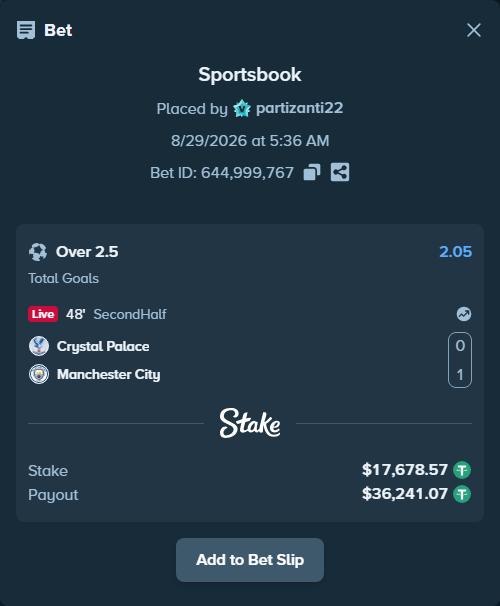 Bet slip: Crystal Palace - Manchester City, $17,678.57 stake at 2.05 odds, placed by partizanti22
