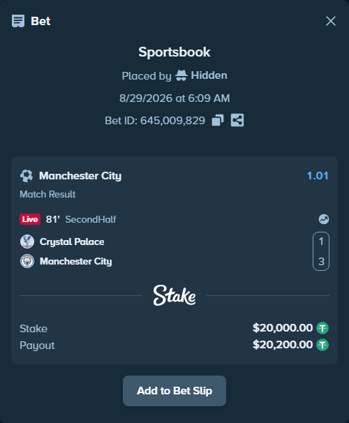 Bet slip: Crystal Palace - Manchester City, $20,000.00 stake at 1.01 odds, placed by Hidden
