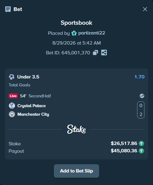 Bet slip: Crystal Palace - Manchester City, $26,517.86 stake at 1.70 odds, placed by partizanti22