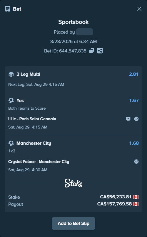 Bet slip: Crystal Palace - Manchester City, $41,613.02 stake at 1.68 odds, placed by Zach0919