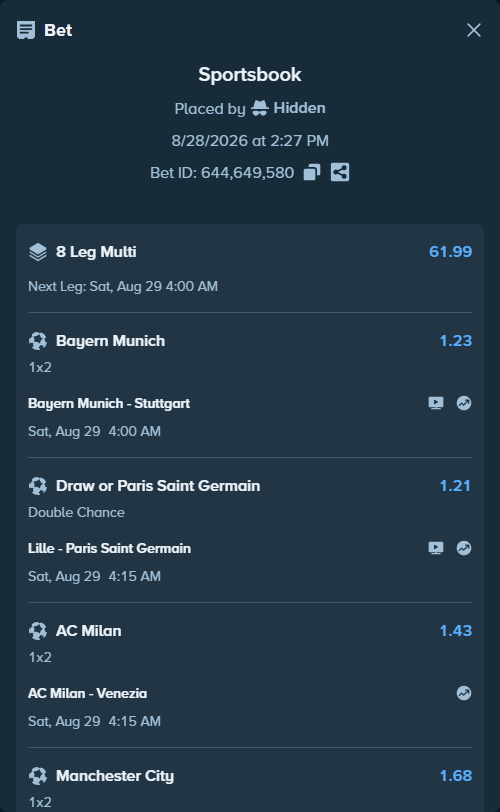 Bet slip: Crystal Palace - Manchester City, $50,000.00 stake at 1.68 odds, placed by Hidden