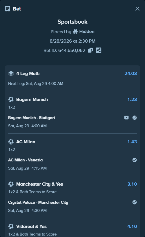 Bet slip: Crystal Palace - Manchester City, $50,905.69 stake at 3.10 odds, placed by Hidden
