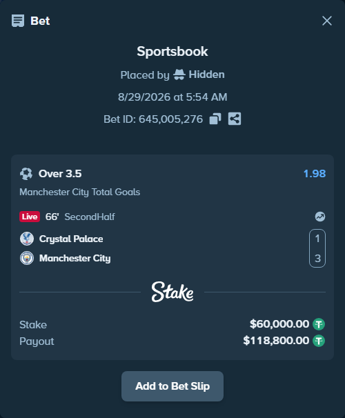 Bet slip: Crystal Palace - Manchester City, $60,000.00 stake at 1.98 odds, placed by Hidden