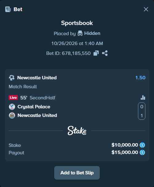 Bet slip: Crystal Palace - Newcastle, $10,000.00 stake at 1.50 odds, placed by Charskjerdal