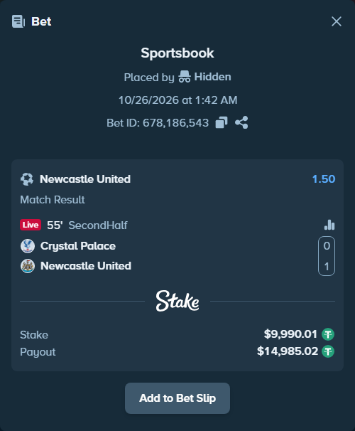 Bet slip: Crystal Palace - Newcastle, $10,000.00 stake at 1.50 odds, placed by jarosbet