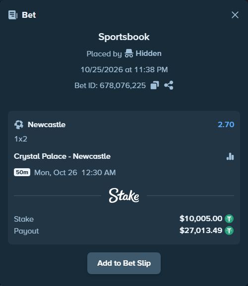 Bet slip: Crystal Palace - Newcastle, $10,015.00 stake at 2.70 odds, placed by Christianazar