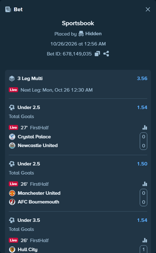 Bet slip: Crystal Palace - Newcastle, $20,020.00 stake at 1.54 odds, placed by Hidden