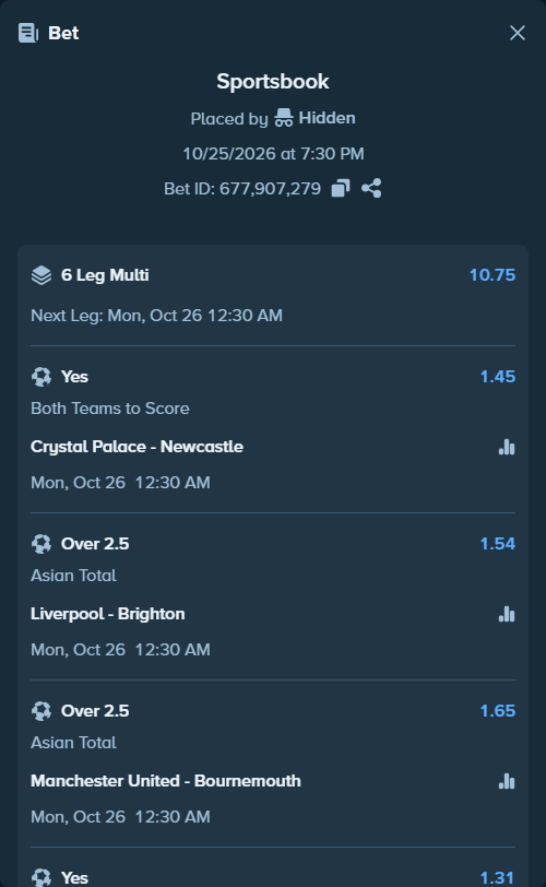 Bet slip: Crystal Palace - Newcastle, $25,000.00 stake at 1.45 odds, placed by Hidden