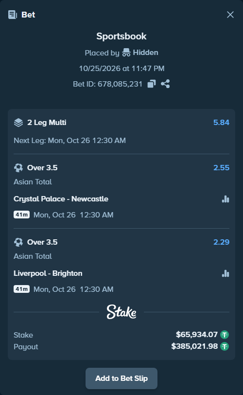 Bet slip: Crystal Palace - Newcastle, $66,000.00 stake at 2.55 odds, placed by Hidden