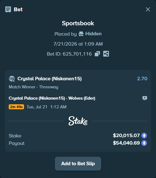 Bet slip: Crystal Palace (Niskanen15) - Wolves (Eder), $20,212.05 stake at 2.70 odds, placed by Hidden