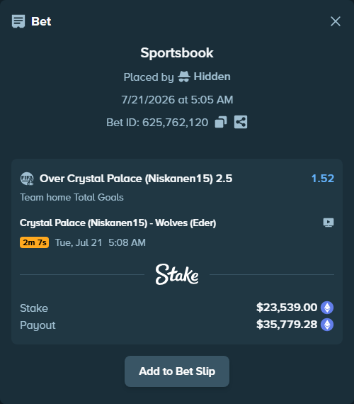 Bet slip: Crystal Palace (Niskanen15) - Wolves (Eder), $23,654.23 stake at 1.52 odds, placed by Hidden