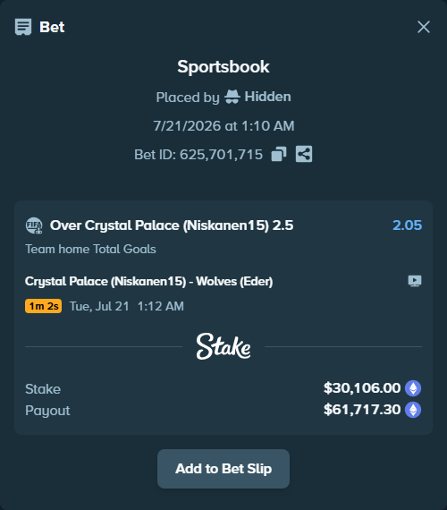 Bet slip: Crystal Palace (Niskanen15) - Wolves (Eder), $30,402.29 stake at 2.05 odds, placed by Hidden