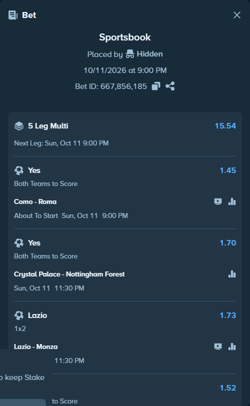 Bet slip: Crystal Palace - Nottingham Forest, $13,127.35 stake at 1.70 odds, placed by tqiforcat