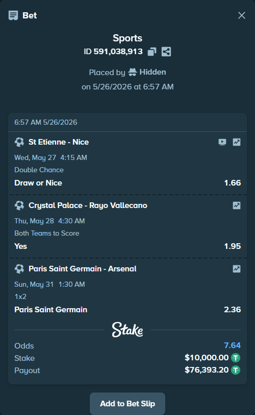 Bet slip: Crystal Palace - Rayo Vallecano, $10,000.00 stake at 1.95 odds, placed by Hidden