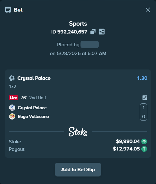 Bet slip: Crystal Palace - Rayo Vallecano, $10,000.00 stake at 1.30 odds, placed by Jarkkola