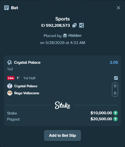 Bet slip: Crystal Palace - Rayo Vallecano, $10,020.00 stake at 2.05 odds, placed by Hidden