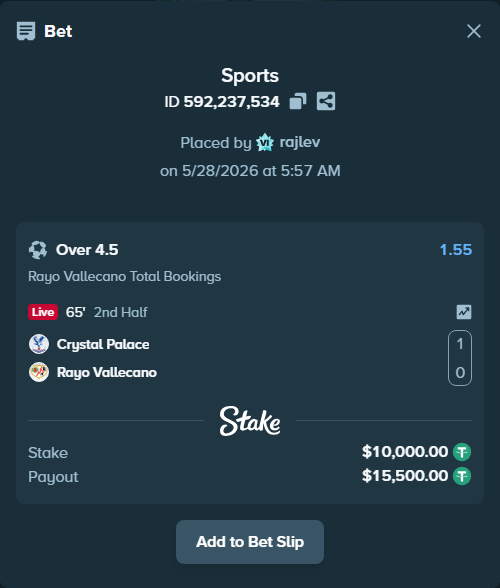 Bet slip: Crystal Palace - Rayo Vallecano, $10,020.00 stake at 1.55 odds, placed by rajlev
