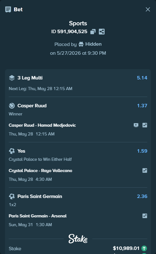 Bet slip: Crystal Palace - Rayo Vallecano, $11,000.00 stake at 1.59 odds, placed by Hidden