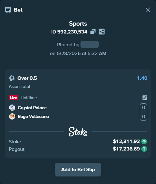 Bet slip: Crystal Palace - Rayo Vallecano, $12,336.54 stake at 1.40 odds, placed by hingis79