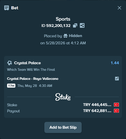 Bet slip: Crystal Palace - Rayo Vallecano, $13,393.35 stake at 1.44 odds, placed by Hidden