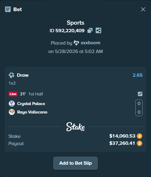 Bet slip: Crystal Palace - Rayo Vallecano, $12,066.22 stake at 2.65 odds, placed by xxxboom