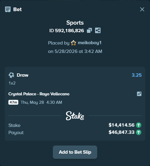 Bet slip: Crystal Palace - Rayo Vallecano, $14,443.39 stake at 3.25 odds, placed by meikoboy1
